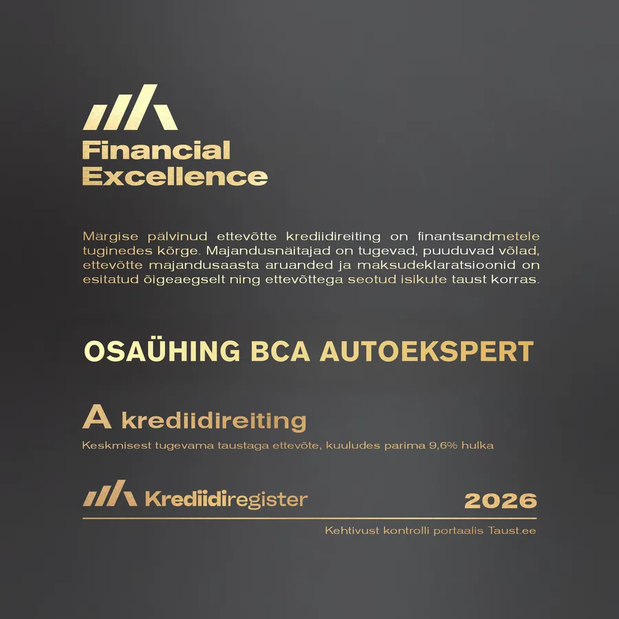 Financial Excellence 2026 sertifikaat: BCA Autoekspert OÜ, A-krediidireiting